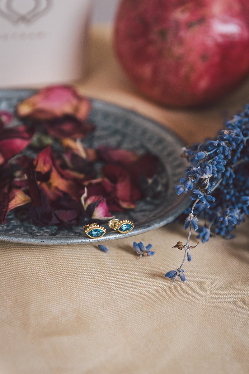 Handmade Cheshm Gold Ear Studs from Moznabi Jewellery
