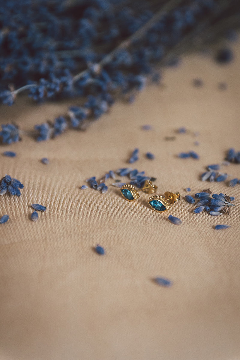 Cheshm Gold Studs with London Blue Topaz