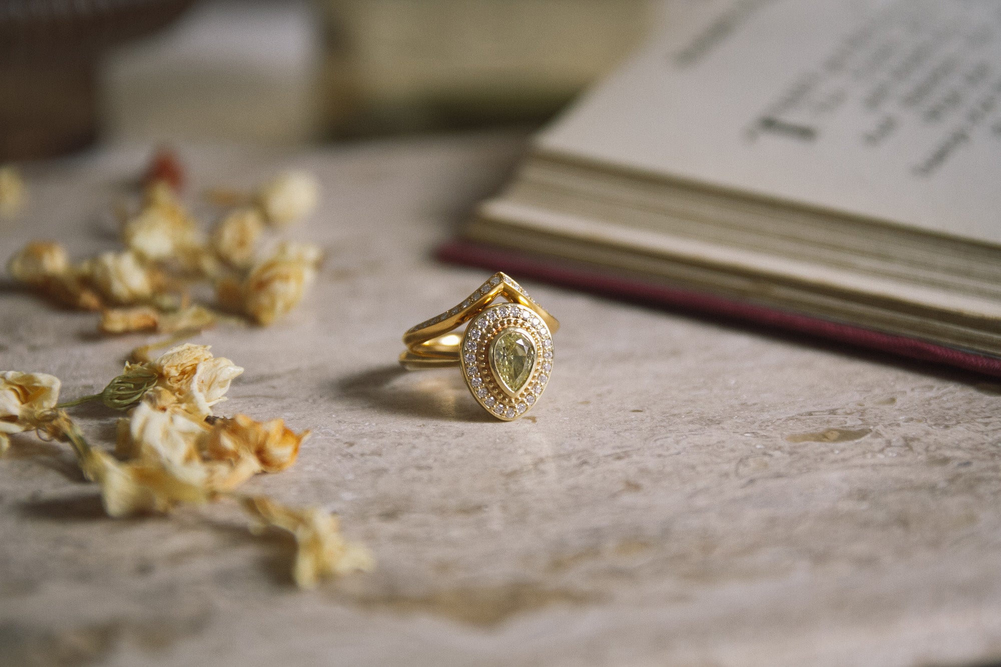 Aroosi Yellow Pear Diamond Halo Ring handmade by Roxanna Moznabi