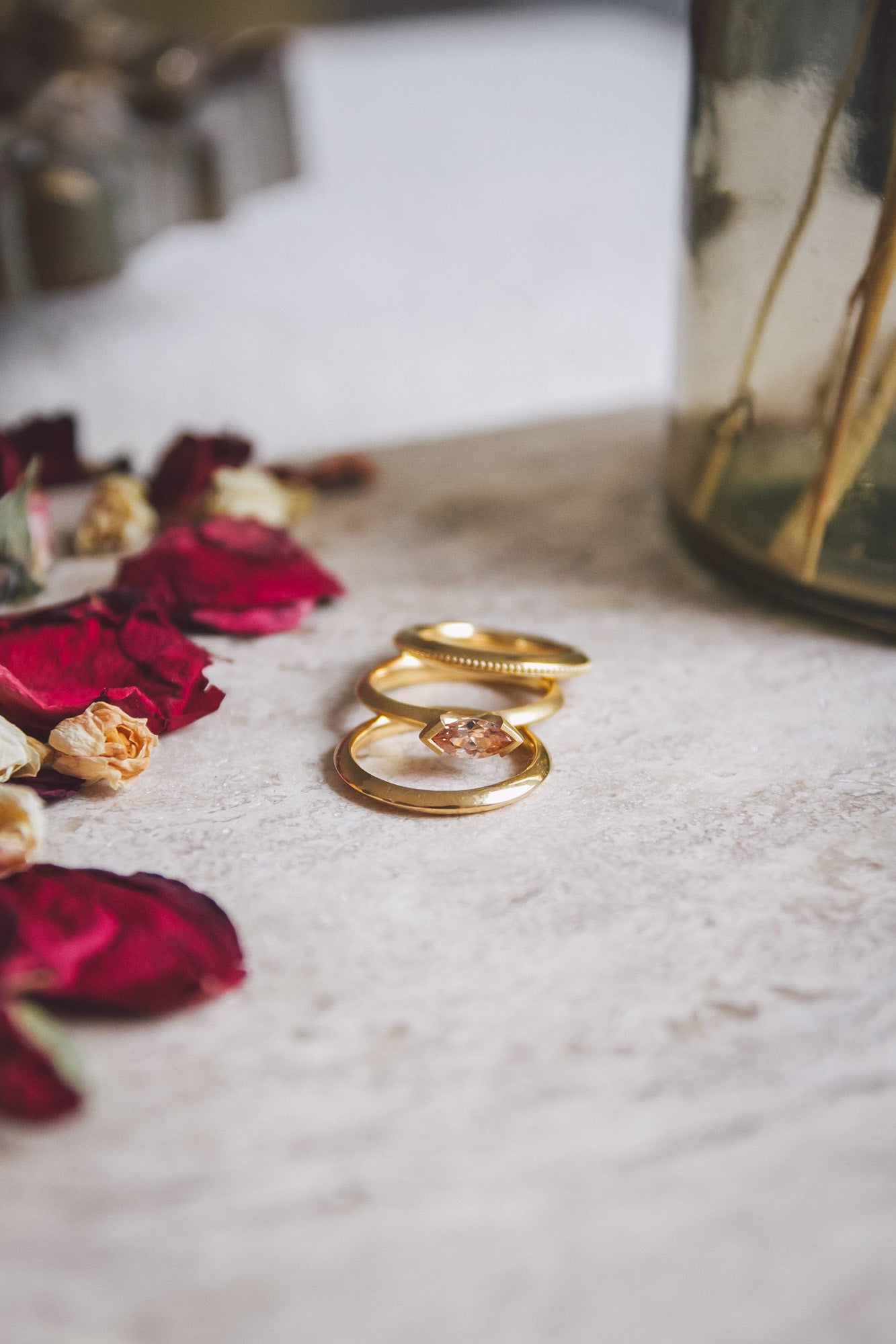 Aroosi Marquise Champagne Diamond Ring and Aroosi Wedding Bands