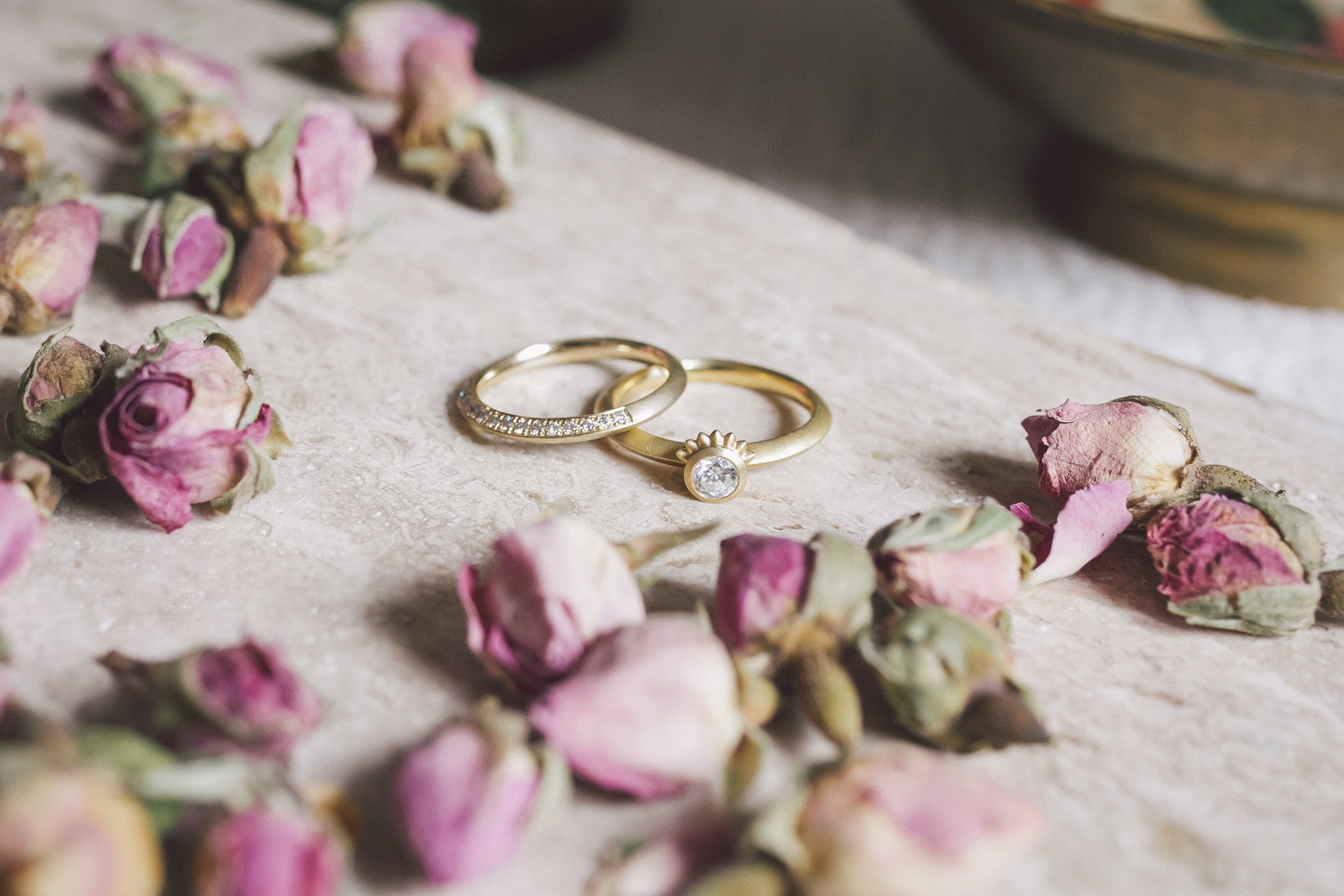 Aroosi Darya Diamond Ring shown with Taj Eternity Band from Moznabi Jewellery