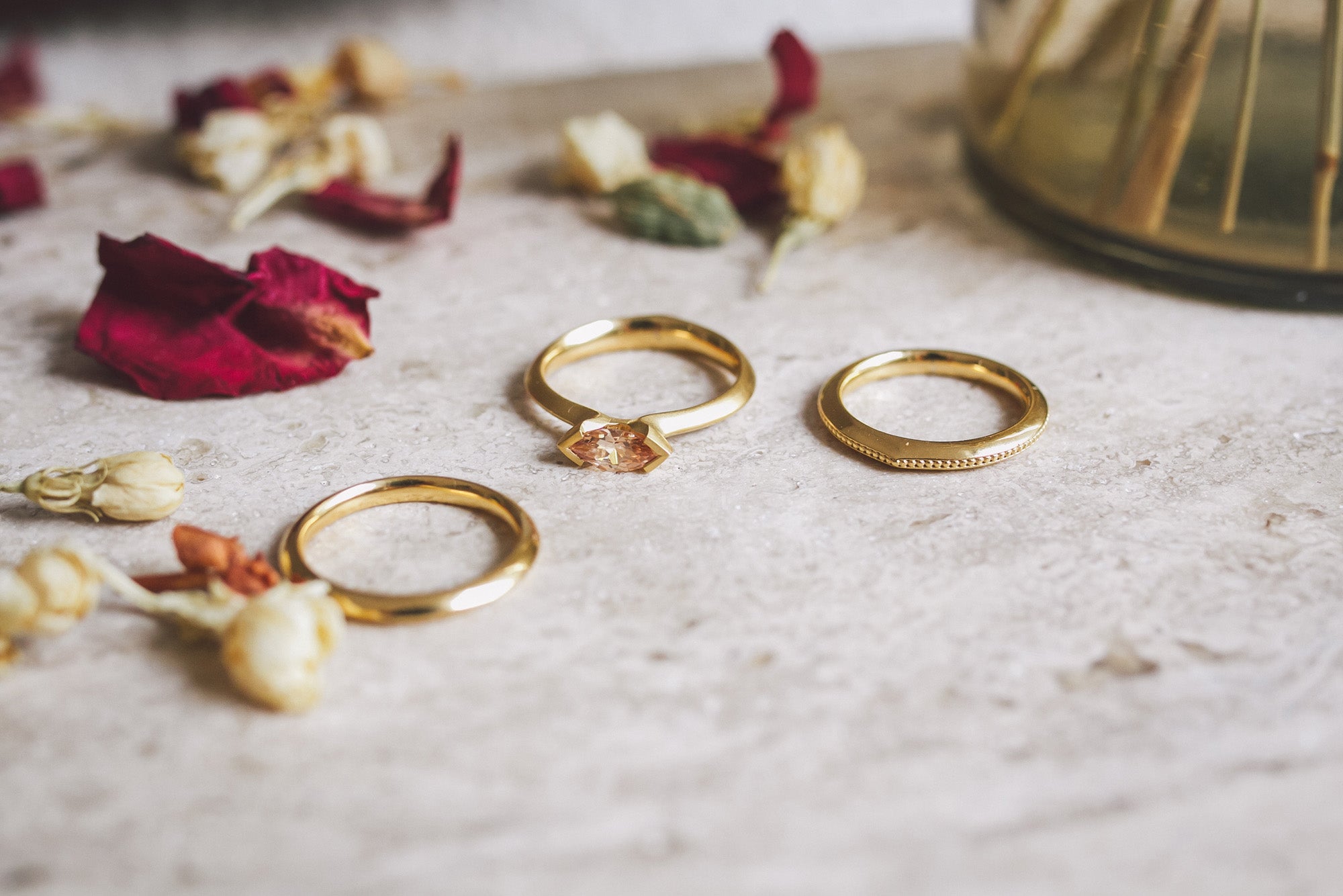 Aroosi Marquise Champagne Diamond Ring and two Aroosi Wedding Bands