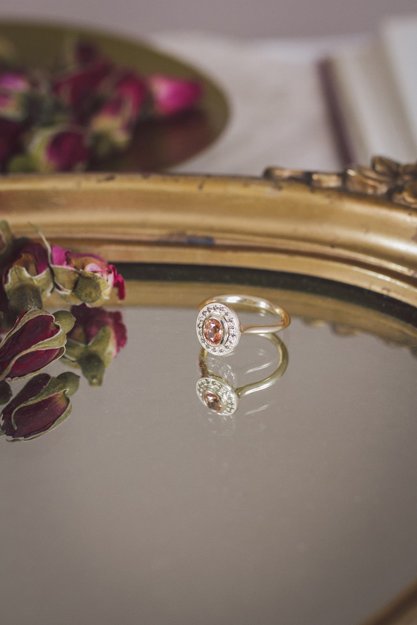 Aroosi Oval Sapphire Halo Ring, handmade gold ring with peach gem stone