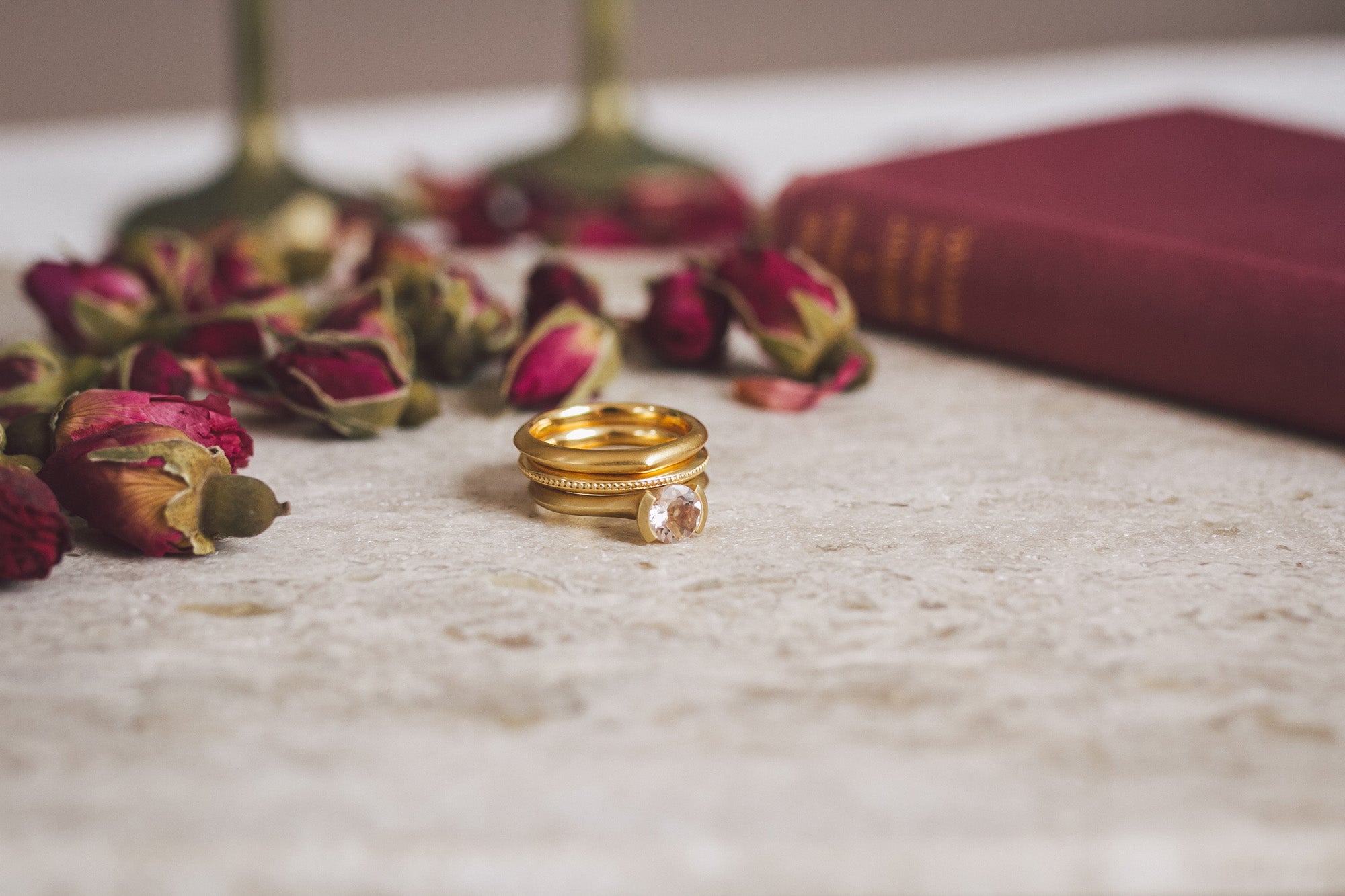 Aroosi Round Morganite Ring and handmade gold wedding bands