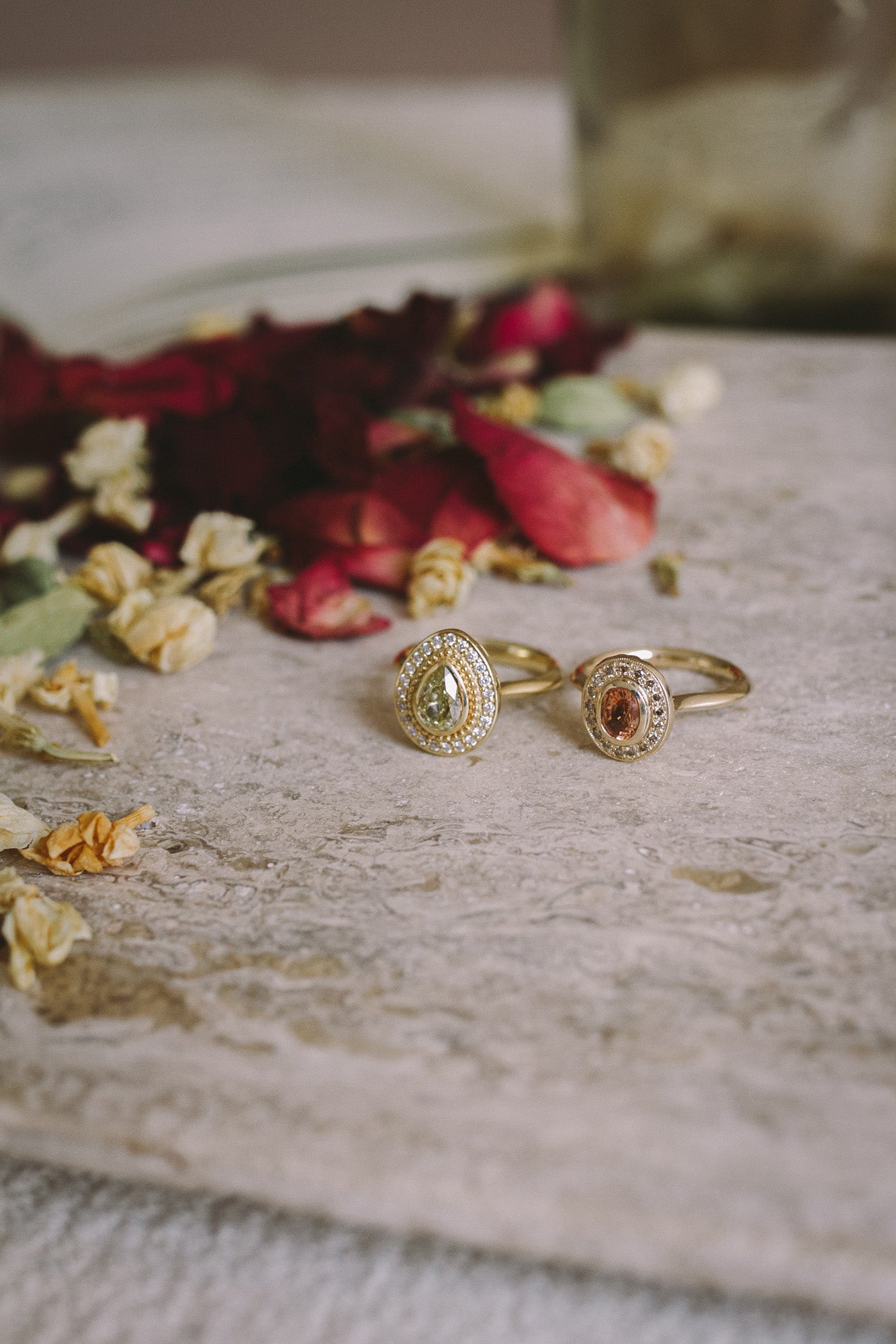 Handmade gold rings set with gem stones