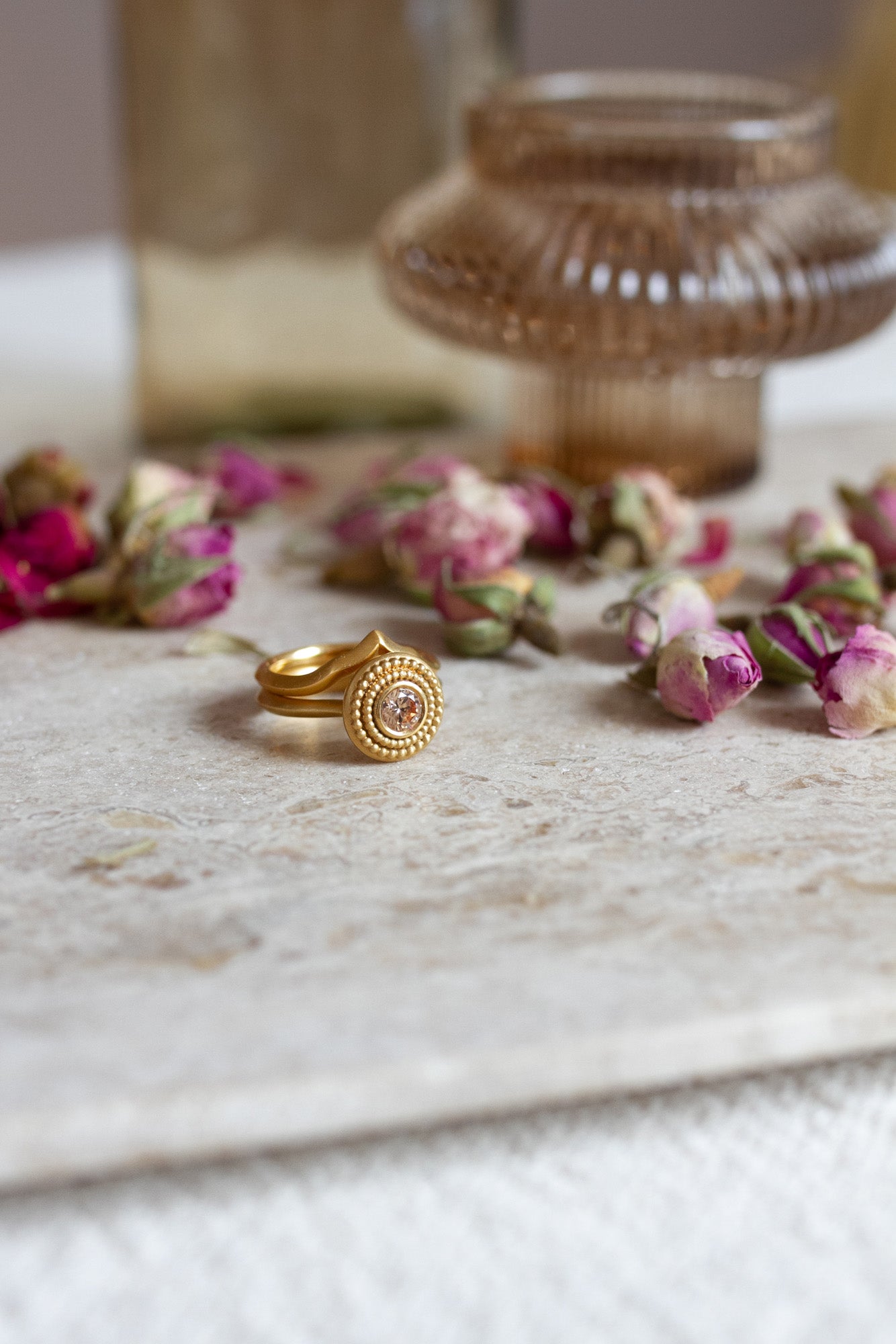 Aroosi Champagne Diamond Ring, warm gold tone ring with gem stone
