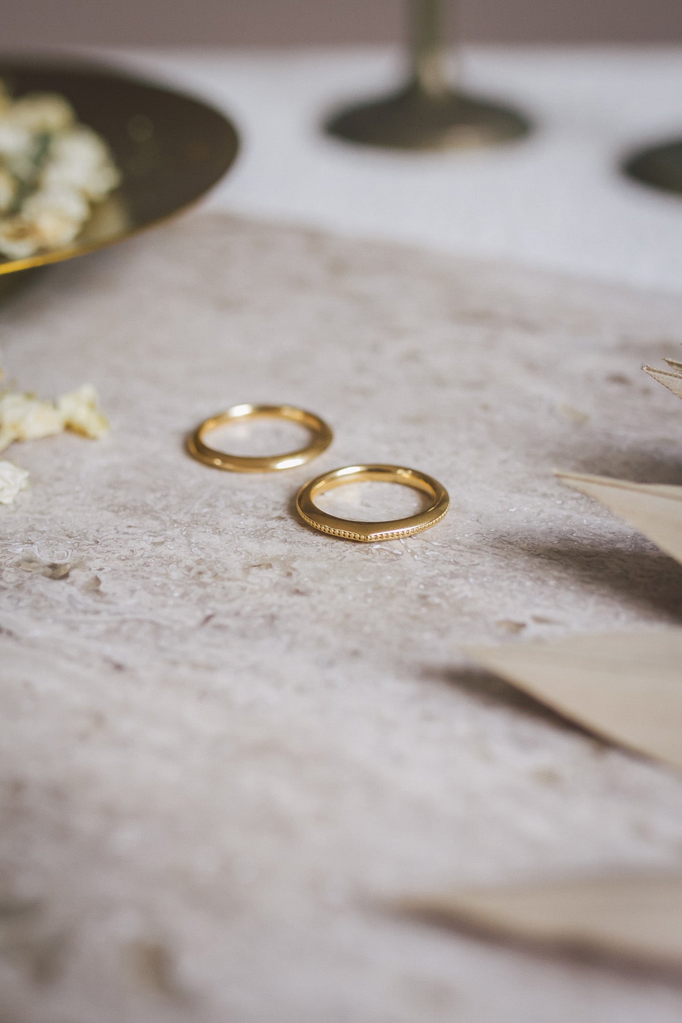 Two Aroosi Classic Knife-Edge & Milgrain Wedding Bands with textured detail
