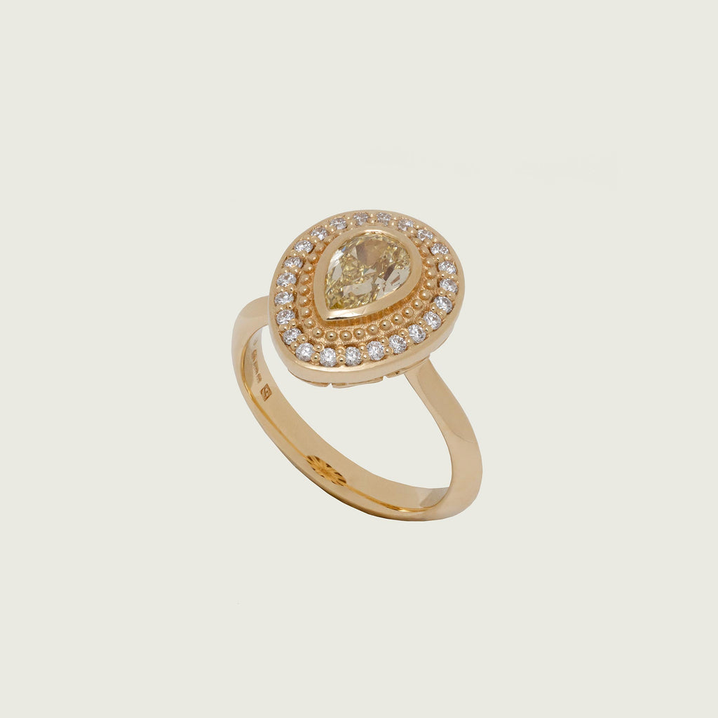 Moznabi Jewellery Aroosi Yellow Pear Diamond Halo Ring 