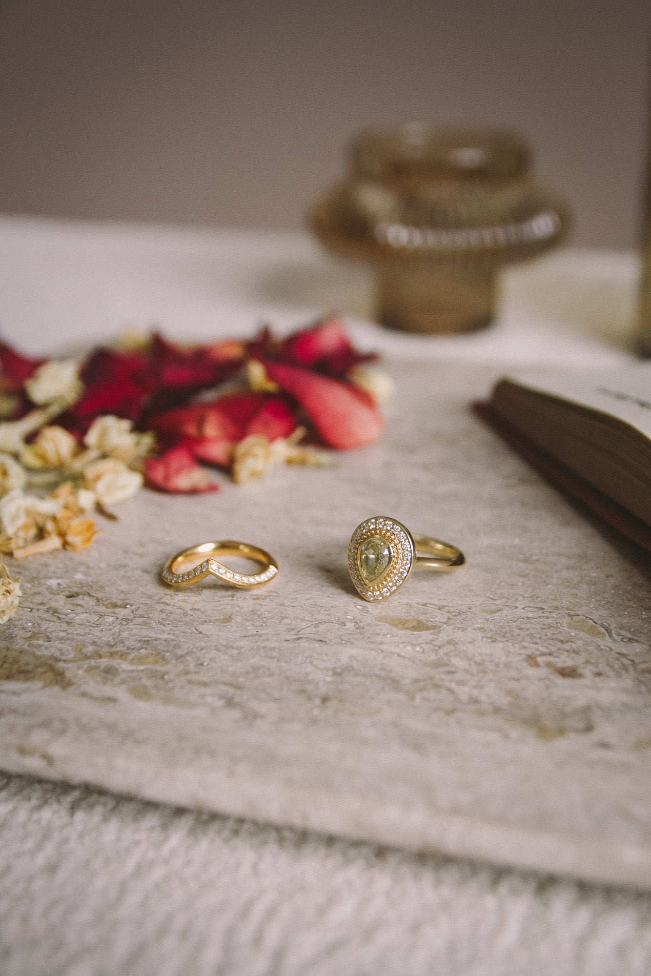 Aroosi Yellow Pear Diamond Halo Ring and fitted wishbone shape wedding band